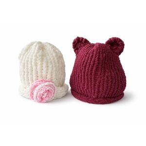 Handmade 0-3 mo Crochet Beanie Set White Pink Flower Burgundy Bear Ears 2 Pack